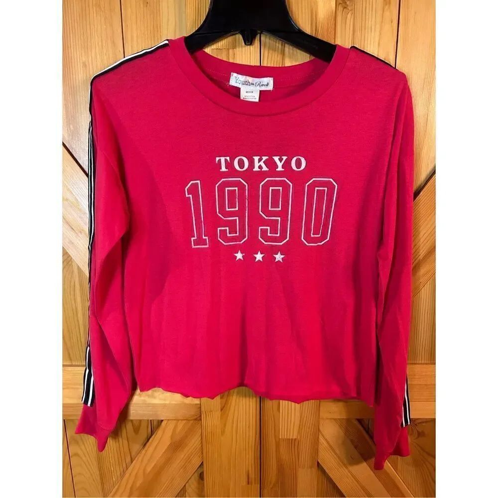 Youth in Revolt Womens Red Crop Top Long Sleeve Size M Striped Shirt Nwt (3984)
